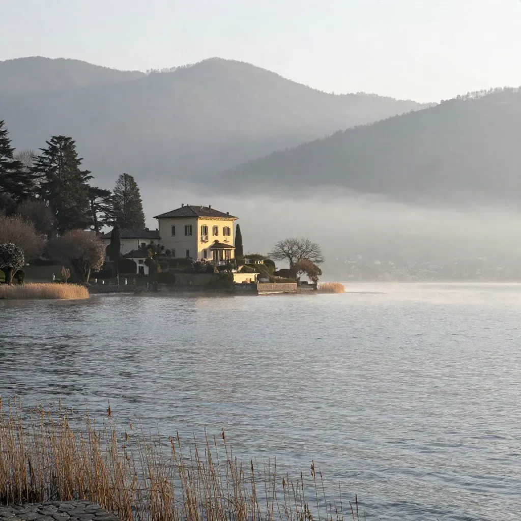 Villa sul Lago di Como all’alba con bruma e montagne sfumate