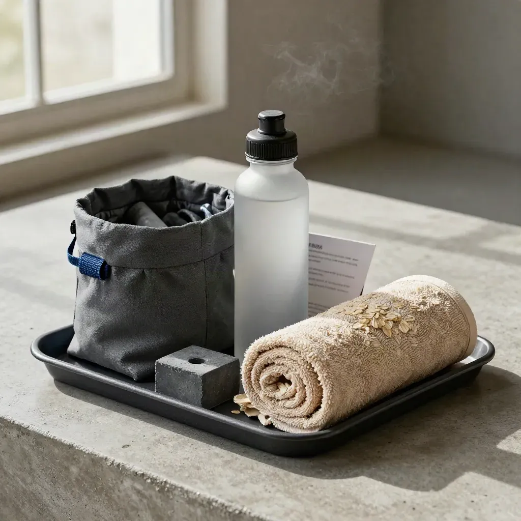 Kit fitness ordinato su lastra di cemento con borsa, chalk, borraccia e asciugamano