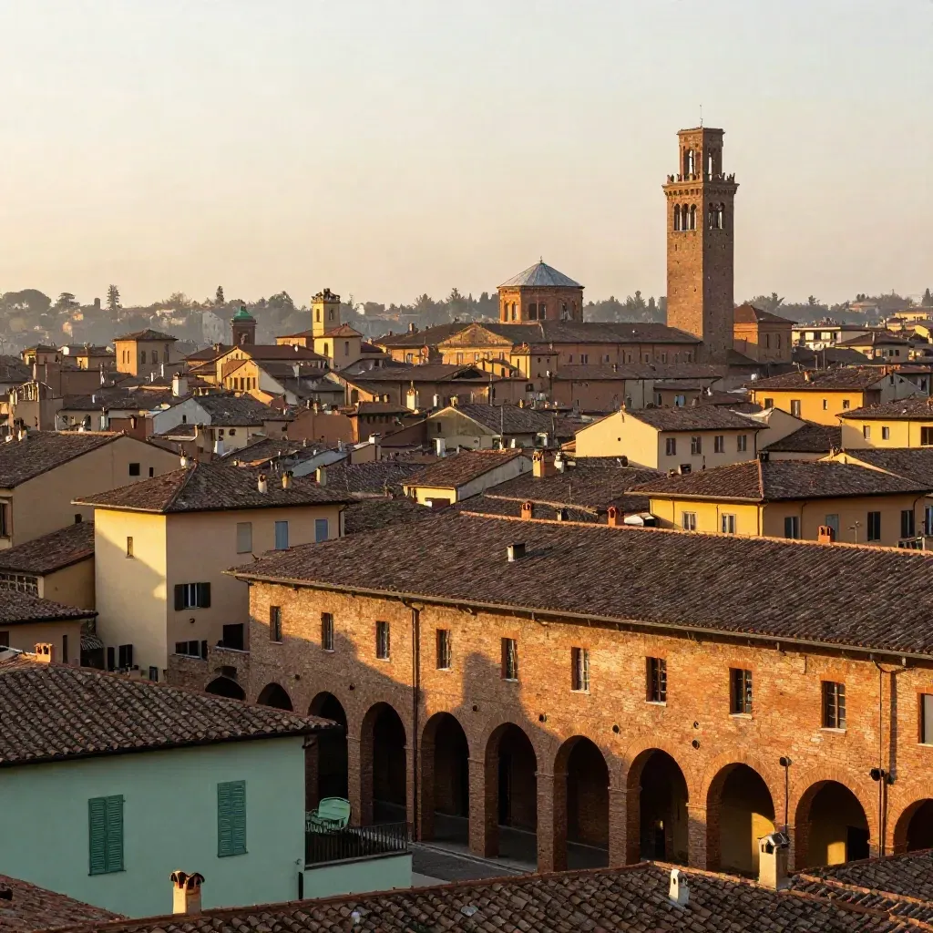 Vista alta di Bologna con portici, tetti in cotto e Torre degli Asinelli nella luce calda.