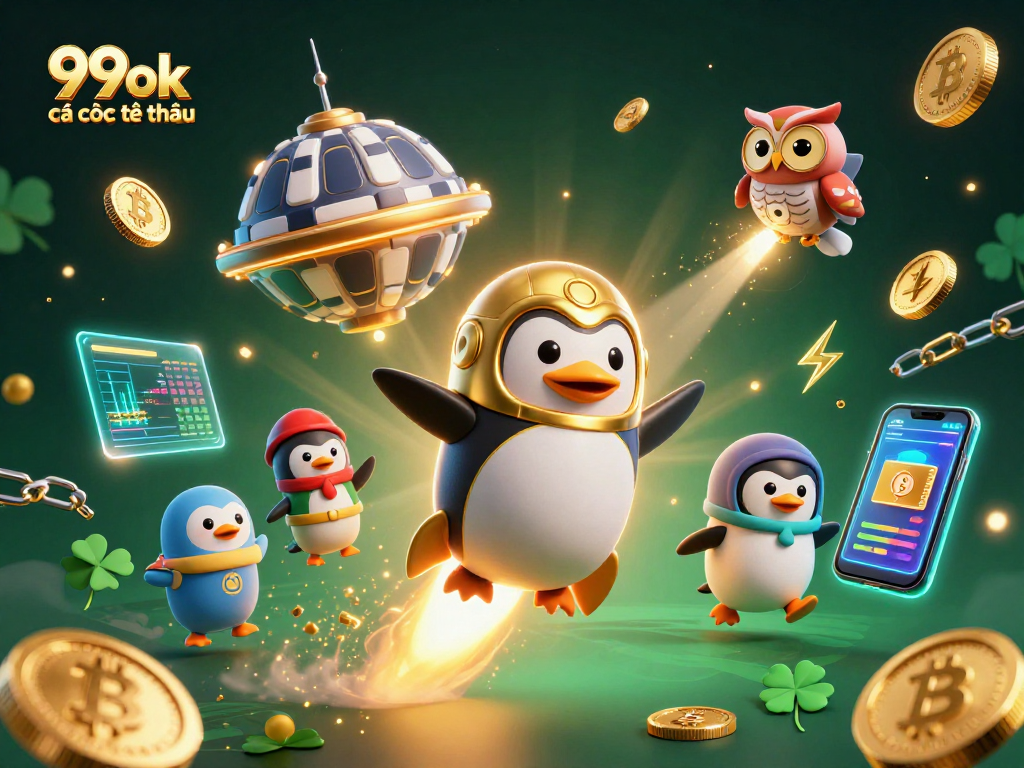 Experience thrilling 99ok cá cược thể thao with a dynamic 3D illustration featuring a golden penguin and cosmic symbols.