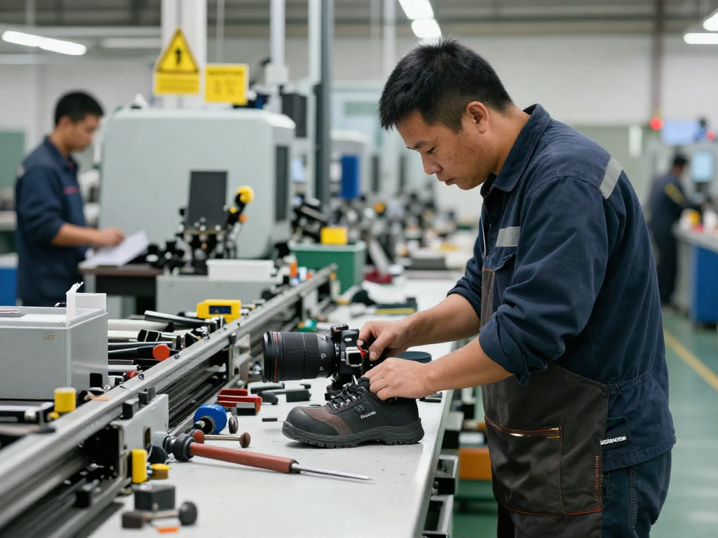 Scena di un lavoratore in scarpe antinfortunistiche Diadora durante assemblaggio in un ambiente industriale.