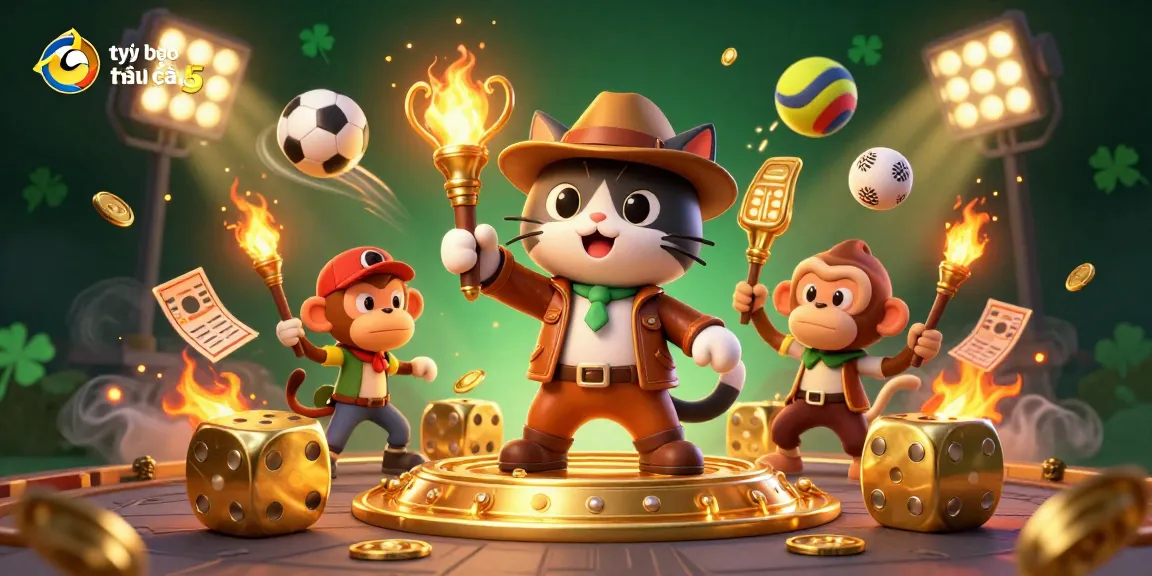 Tỷ lệ kèo nhà cái 5 showcases a thrilling scene of a cat explorer and monkey companion amid dynamic sports elements.