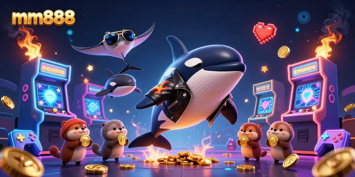 Engaging mm888 gaming scene featuring an orca, stingray, and otters celebrating with coins.
