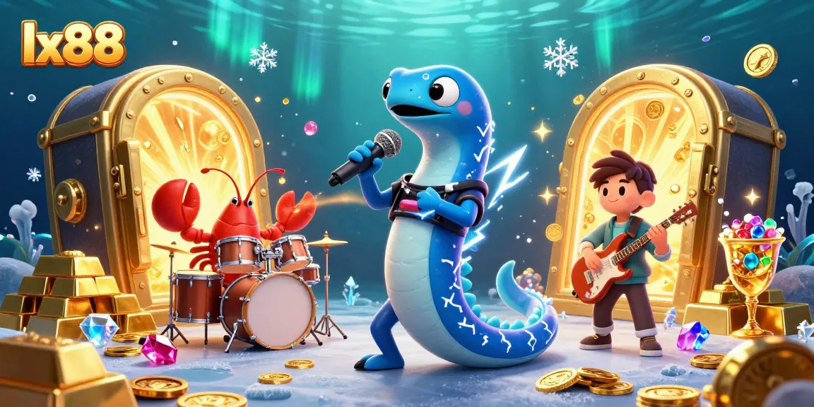 Experience winning at lx88 with an electric eel DJ and an underwater casino stage illustration.