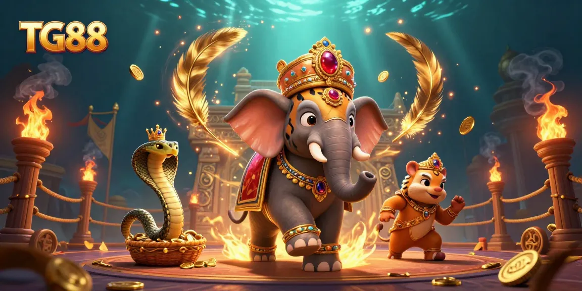 Engage in thrilling gaming action with TG88's vibrant illustrated scene of a majestic tiger and elephant among dynamic casino elements.