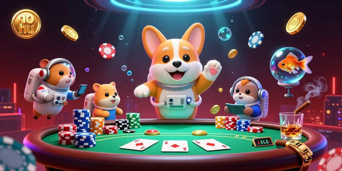 No hu online casino scene with a floating corgi corgi, poker chips, and vibrant 3D details.