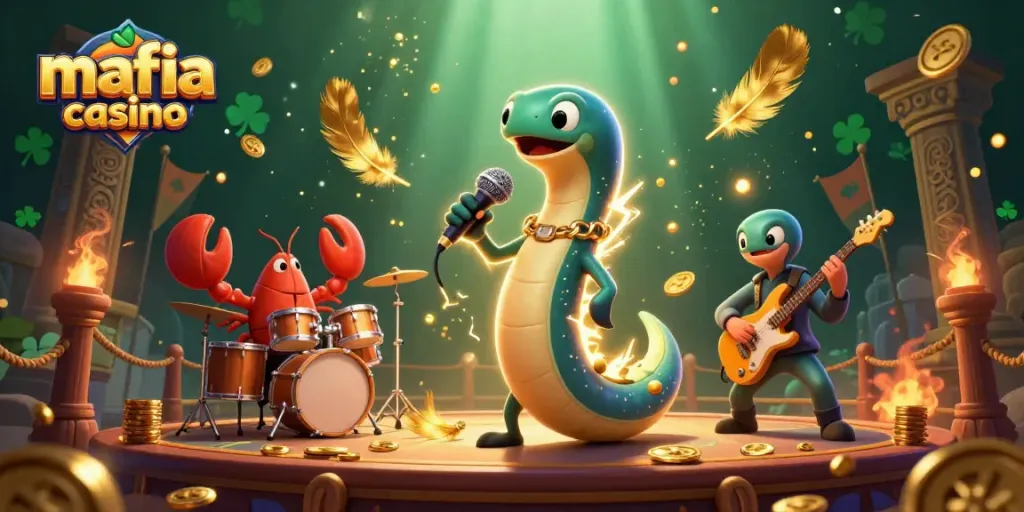Experience the vibrant atmosphere of mafia casino with an electric eel DJ performing surrounded by casino elements.
