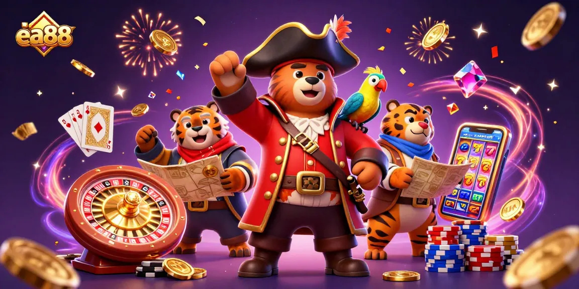 Experience the thrill of ea88 gaming with a vibrant pirate adventure illustration showcasing golden treasures.