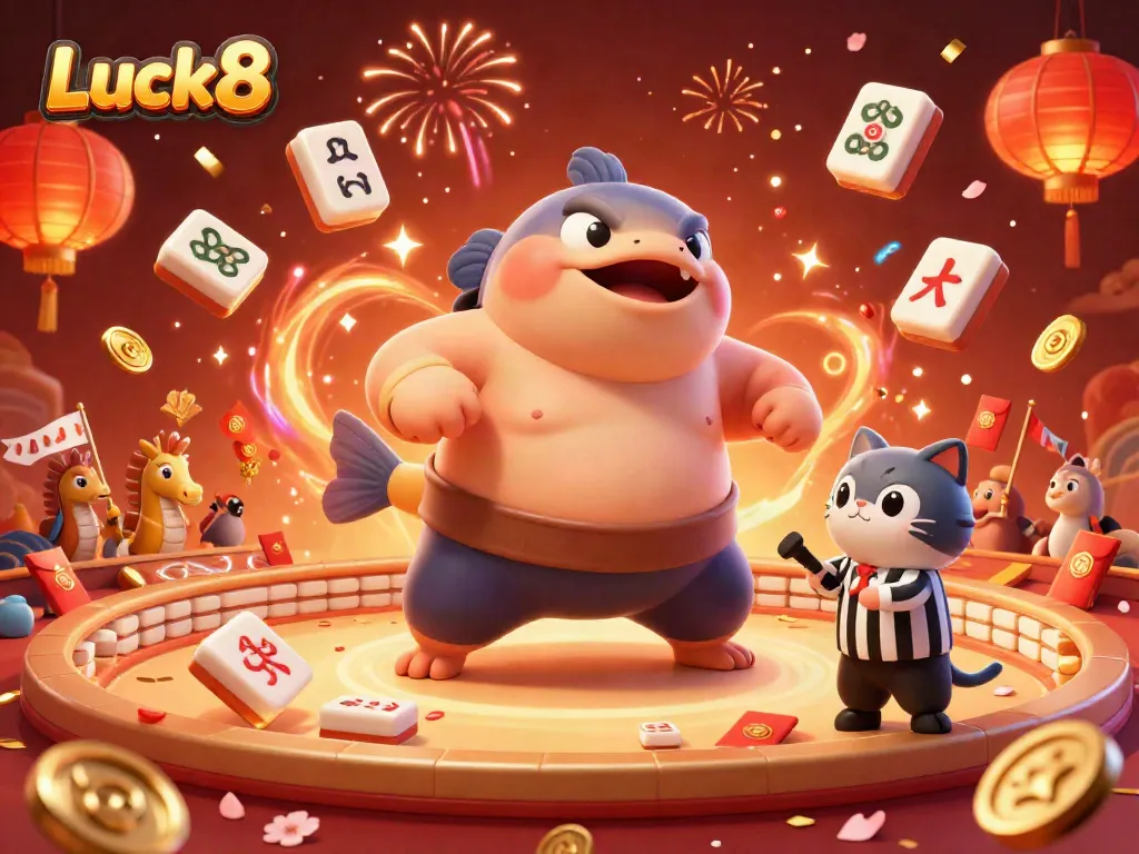 Engage with Luck8's exciting underwater casino scene featuring a fugu and seahorses amidst fireworks and mahjong tiles.