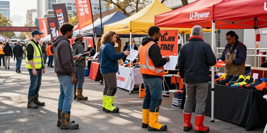 Promozione del Black Friday U-Power con lavoratori in calzature di sicurezza