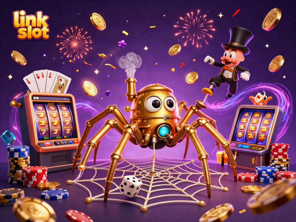 Exciting link slot experience depicted with a golden spider and Victorian fly in a casino-themed illustration.