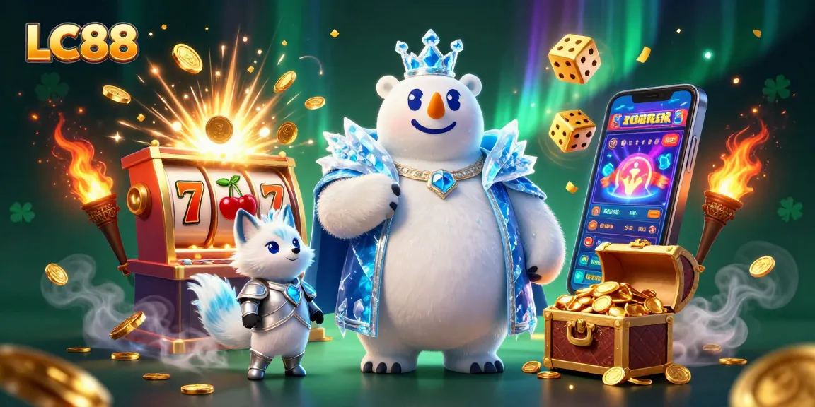 Experience top-notch gaming at LC88 with a vivid illustration of winning jackpots and magical characters.