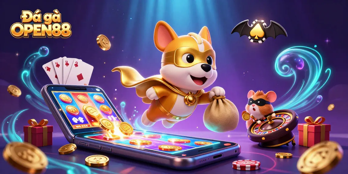 Engage in Đá gà OPEN88 with a thrilling atmosphere, featuring vibrant game elements and a dynamic superhero scene.