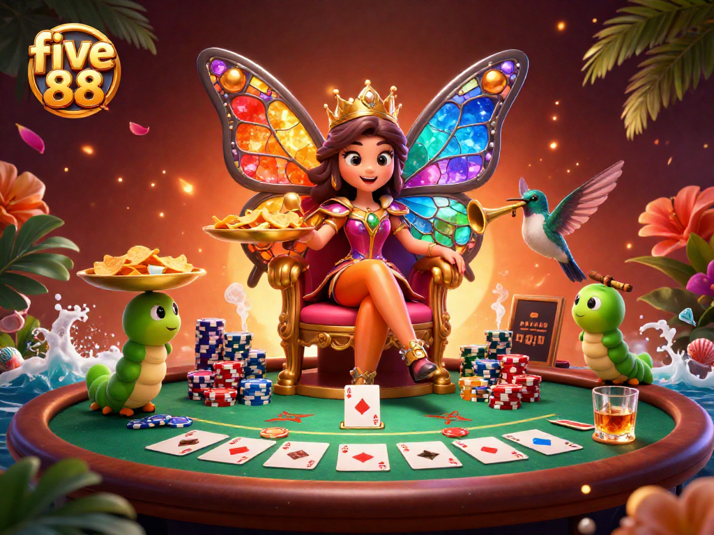 Experience exciting wins at five 88 with vibrant casino elements and the butterfly queen in action.