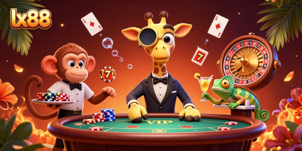 Experience the excitement of lx88 with a high-roller giraffe at a VIP poker table amidst vibrant casino elements.