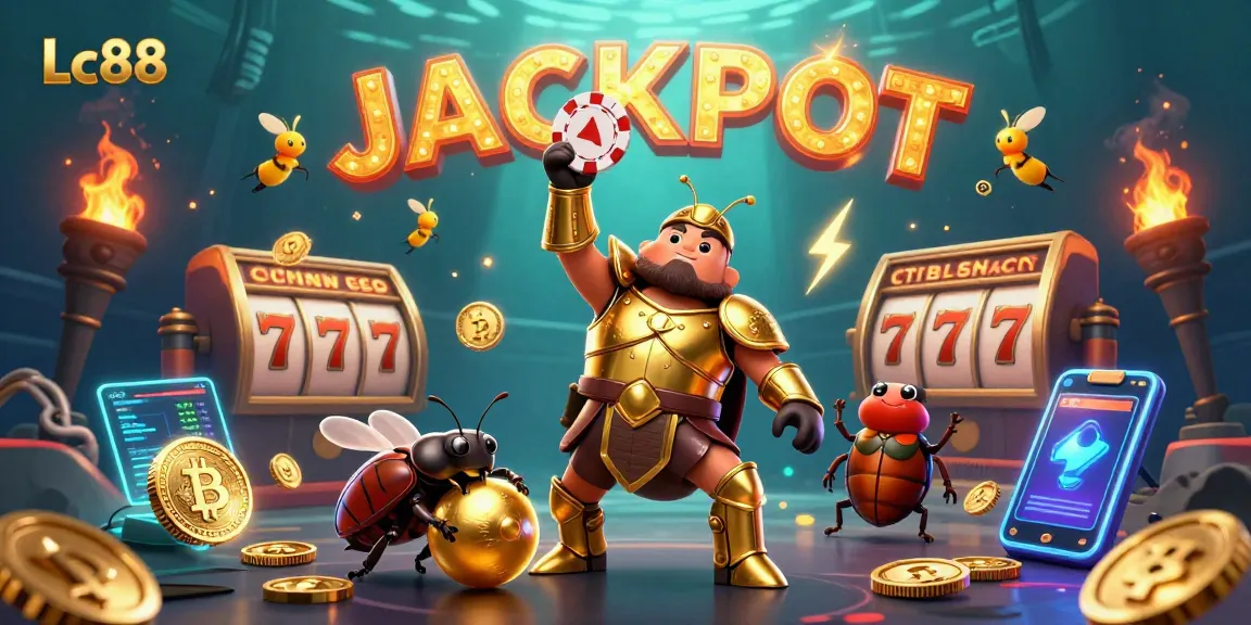 Lc88 players celebrate a jackpot win with a hercules beetle in golden armor and vibrant casino elements.
