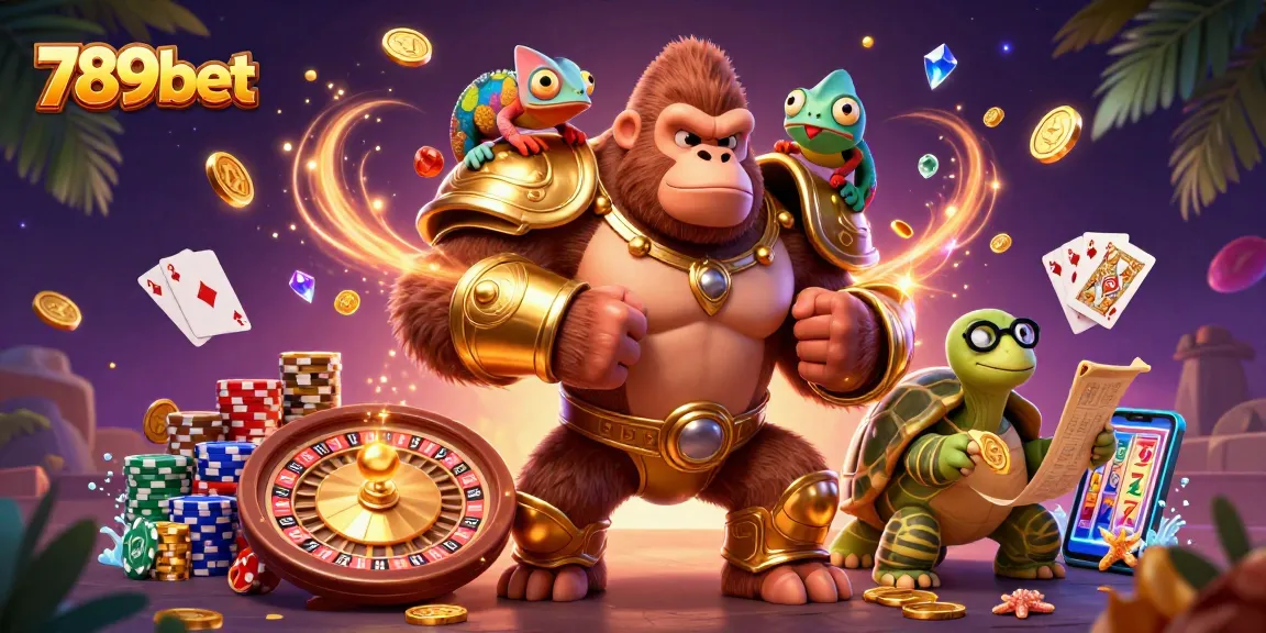 Experience vibrant 789bet adventure with a colorful gorilla, chameleon, and tortoise in a rich casino scene.