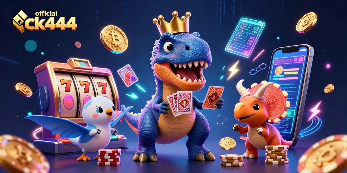 Engage with official ck444 games while a T-Rex shuffles cards in this vibrant 3D casino illustration.
