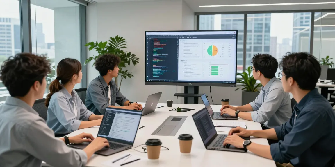 Team collaboration at the WPS Official Website office with screens presenting analytics and code.