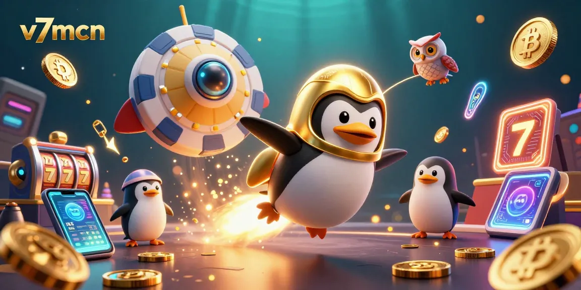 Experience thrilling casino action with v7mcn and a rocket penguin amidst bitcoin coins!
