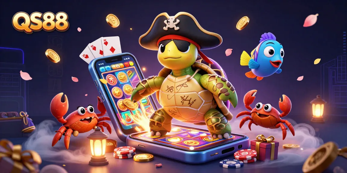 Engage with the thrilling game atmosphere at QS88 featuring a pirate turtle, crabs, and vibrant casino elements.