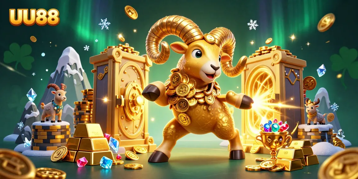 Engage with UU88's captivating golden ram amidst a treasure-filled casino scene.