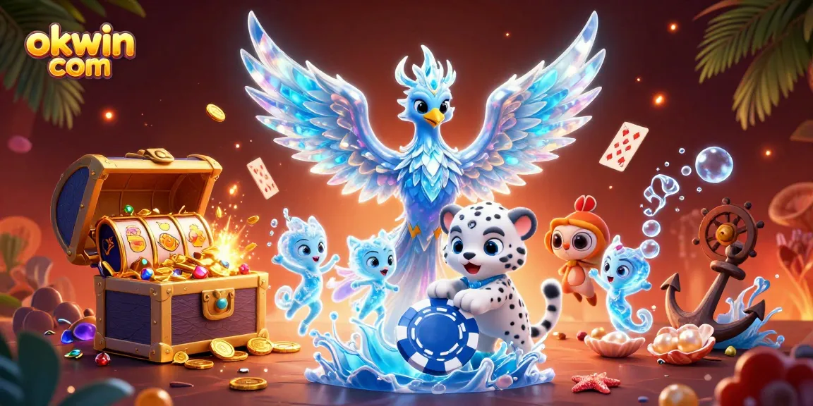 Experience the thrill of gaming at okwin com with vibrant characters and winning symbols in a dynamic casino scene.