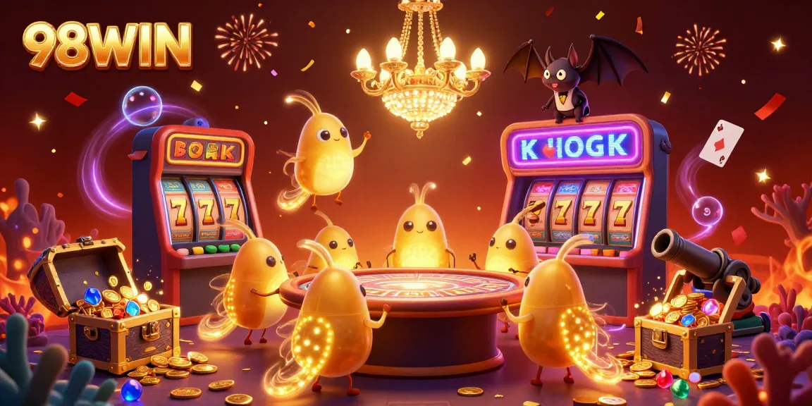 Experience the excitement of 98WIN with a glowing casino scene filled with fun characters and games.