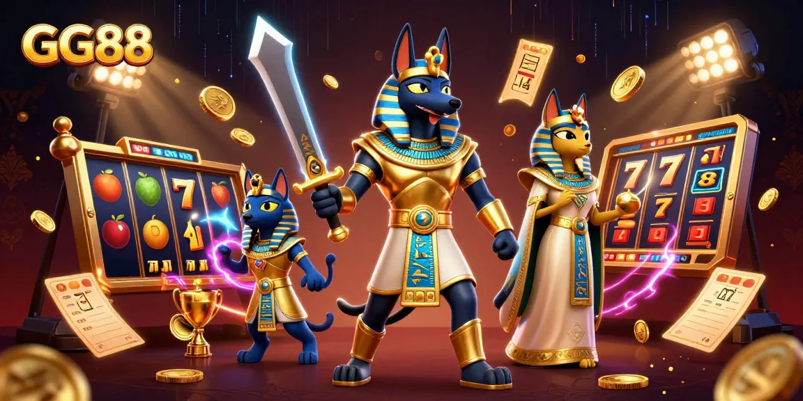 Engage with GG88’s thrilling gaming experience featuring Anubis, rich casino elements, and glowing hieroglyphs.