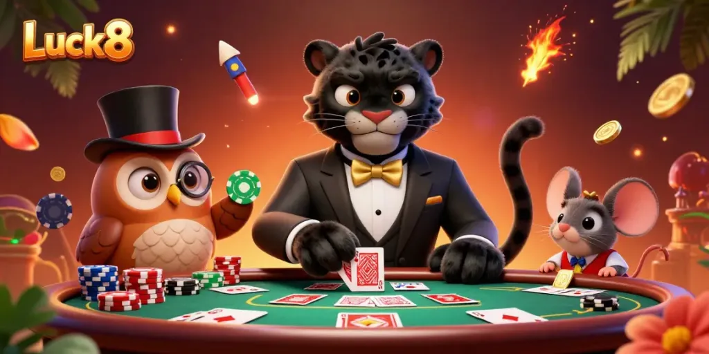 Luck8 players enjoying a vibrant casino atmosphere with a panther dealer and playful elements.