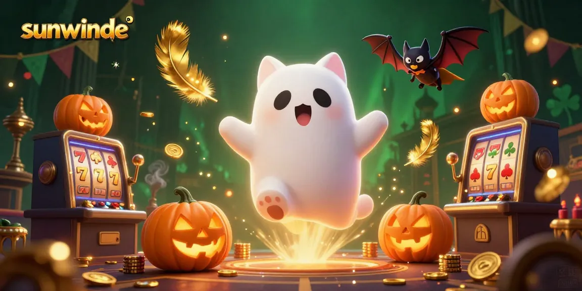 Win big at sunwinde with a ghostly cat and vampire bat amid glowing slots and captivating casino elements.