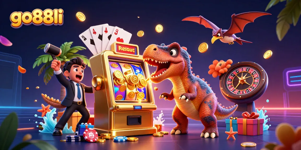 Go88li's thrilling jackpot scene with cartoon dinosaurs and dynamic slot elements.