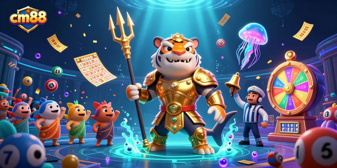 Experience thrilling action at cm88 with a ferocious tiger shark wielding a trident in an underwater casino setting.