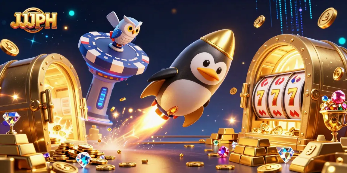 Experience the thrill of JJJPH with a golden penguin winning big at the casino.