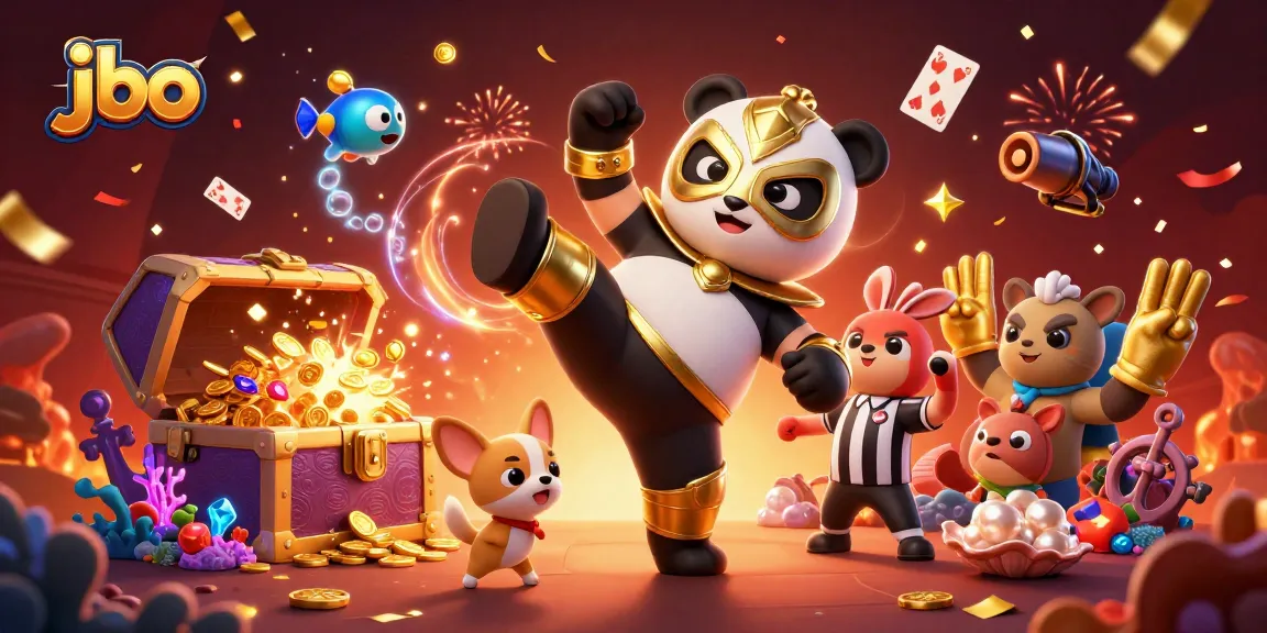 Engage with jbo's thrilling action featuring a pandas wrestling match amidst a backdrop of vibrant casino elements.