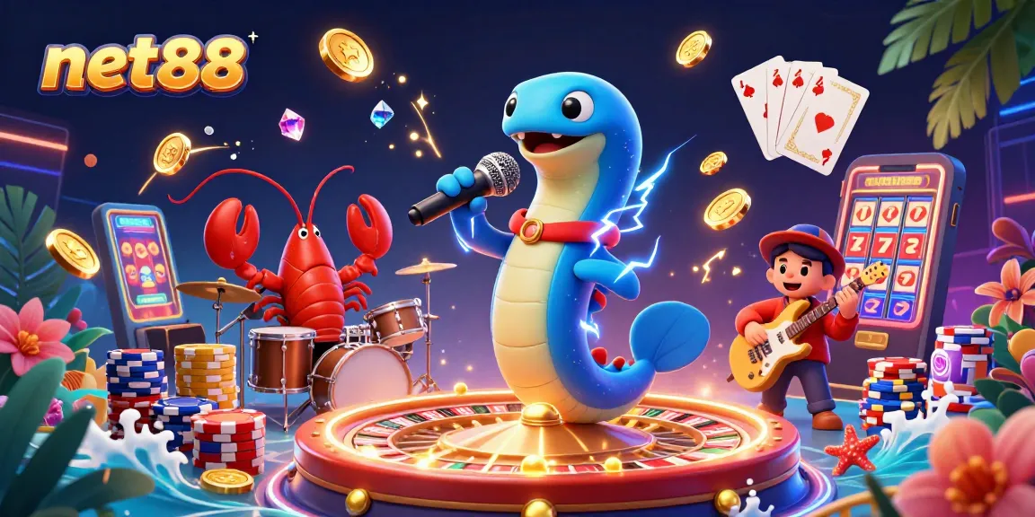Engage with net88's vibrant underwater casino scene featuring a DJ eel and backup band.