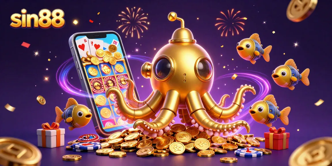 Experience thrilling gameplay in sin88 with a golden kraken submarine amidst festive casino elements.