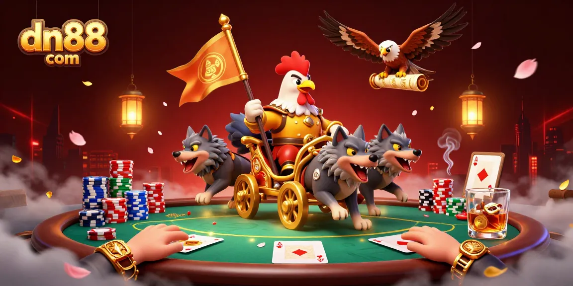 Engage with thrilling gameplay at dn88 com featuring a rooster warlord amidst vibrant poker action.