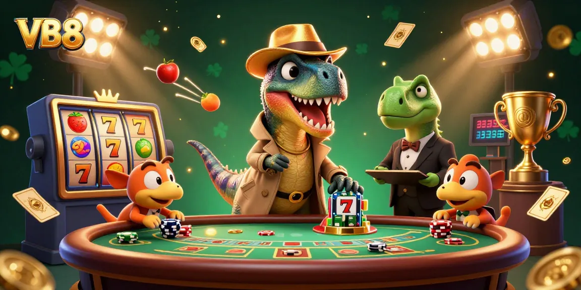 VB8 gaming scene showing a velociraptor card counter and stegosaurus pit boss amidst dynamic slot reels and casino elements.