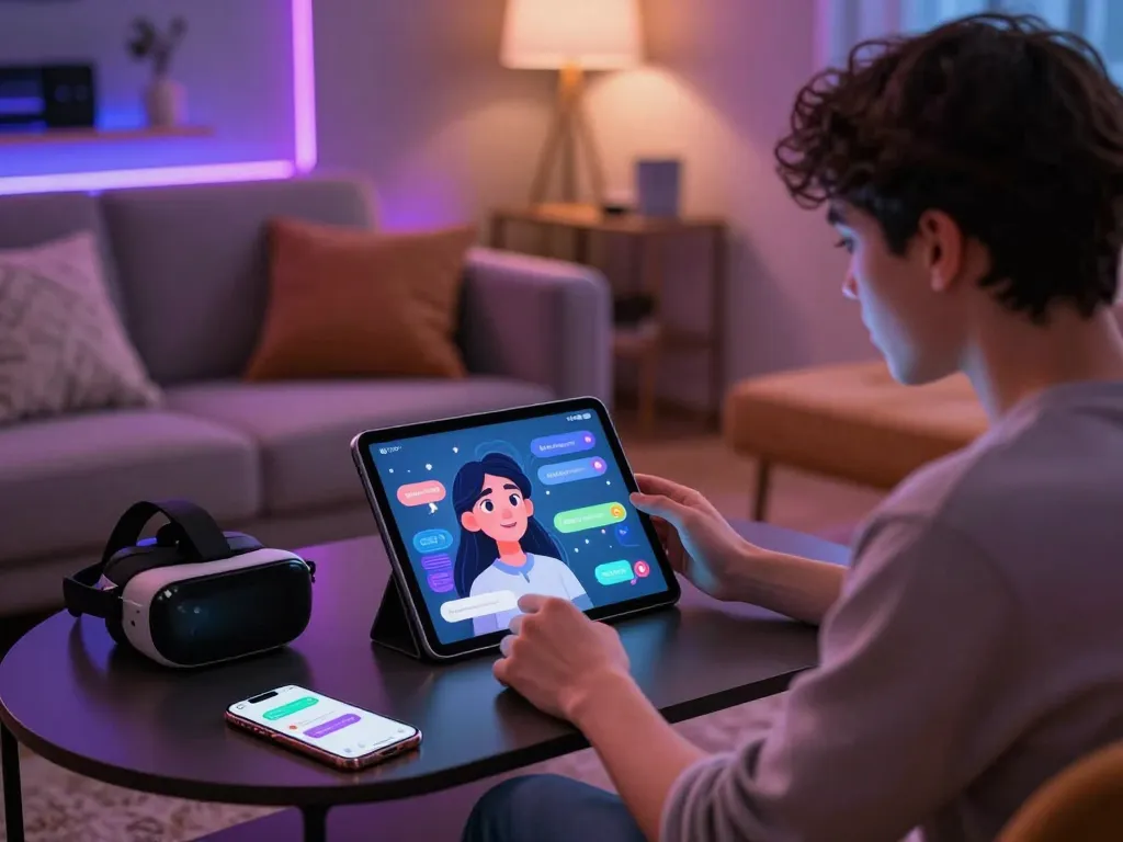 Engaging NSFW AI chat interaction with animated character in cozy lounge setting.