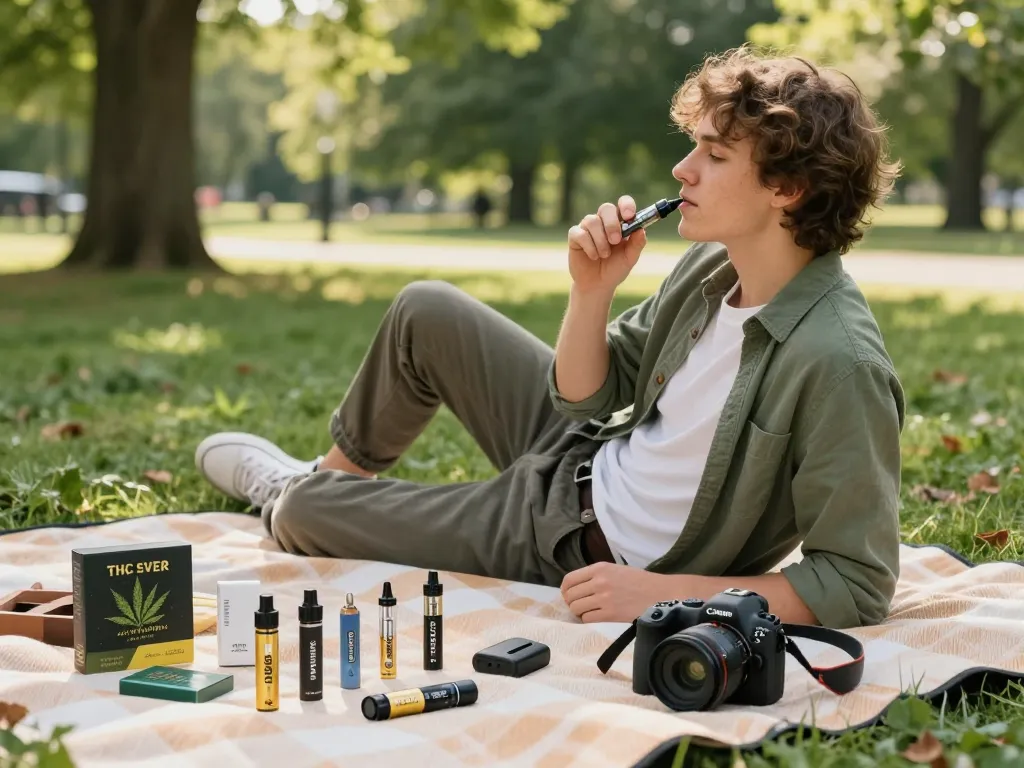 Godendo di un'esperienza di vaping di THC discreta in un parco sereno con accessori per il vaping.